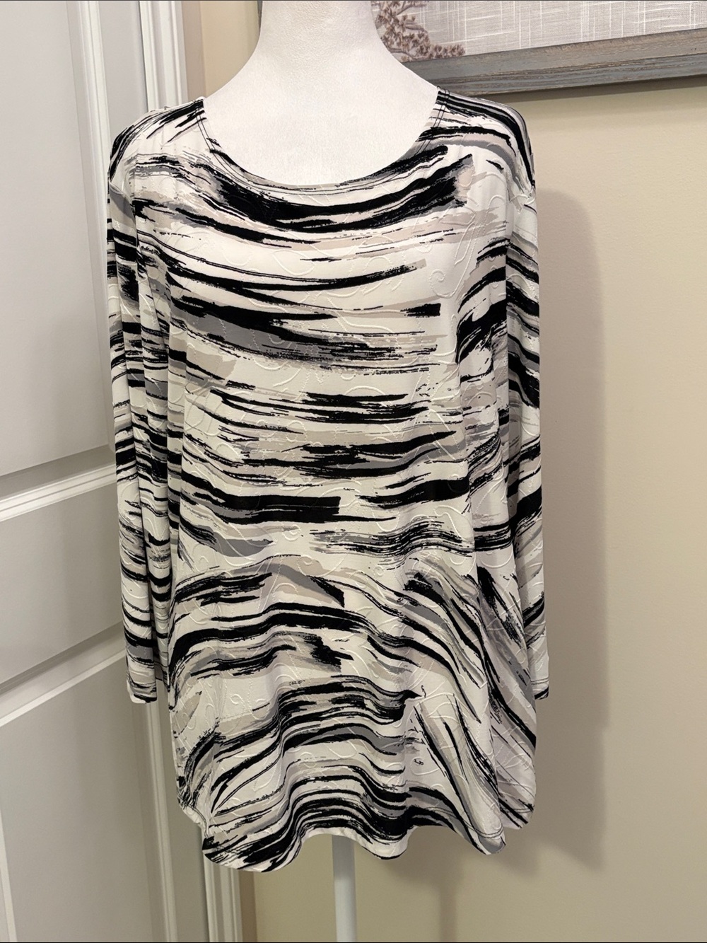 JM Collection Brushstroke Print 3/4 Sleeves Blouse XL black & white